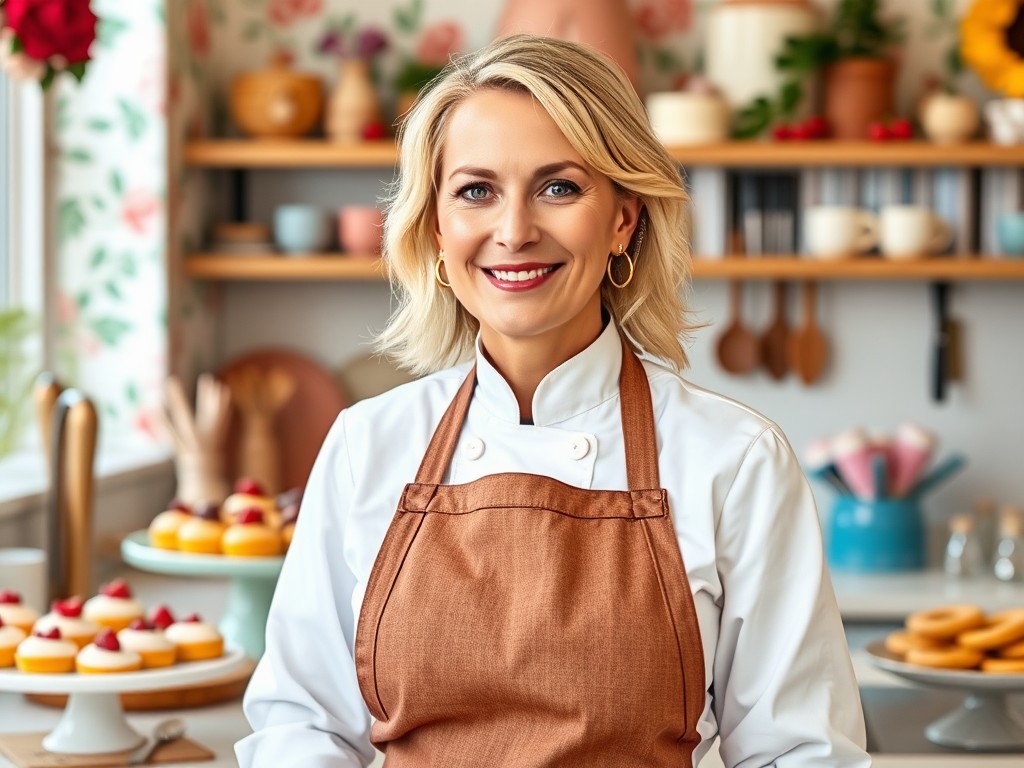 Amelia, an AI chef, introducing the world of candy making with a friendly and inspiring message.