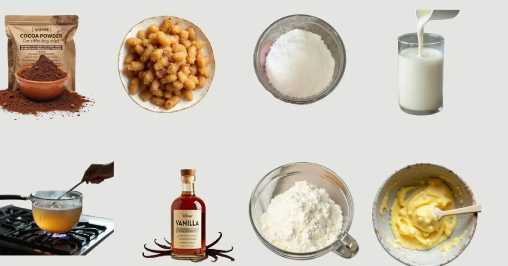 Ingredients for chocolate cobbler, including cocoa powder, sugar, milk, vanilla, and a mixing bowl.